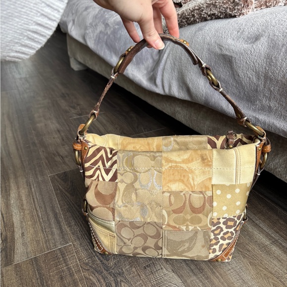 Coach Carly Y2K Patchwork Animal Print Shoulder Bag in Tan and Brown
